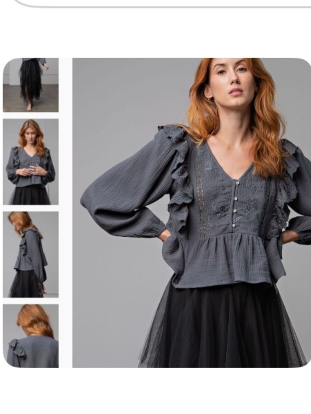 NWT Easel Charcoal Ruffle Peasant Gray Blouse Size Small